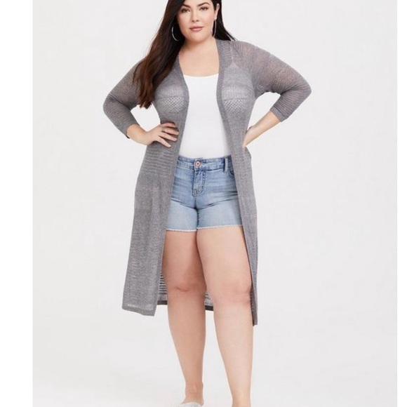 torrid Sweaters - Torrid Gray Pointelle Open Front 3/4 Sleeves Duster Cardigan Sweater Size 3X